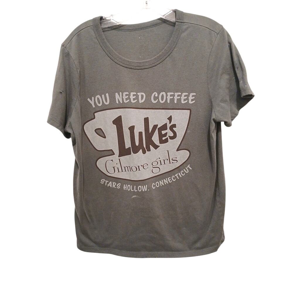 GRUNGE Gilmore Girls M Khaki Luke’s You Need Coffee Graphic Tee Shirt Distressed